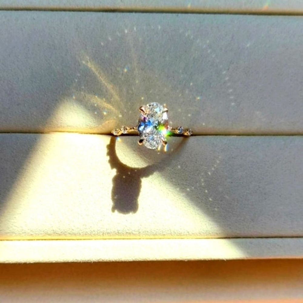 Solid 14k gold 2ct lab oval diamond ring with side and Hidden halo lab diamond